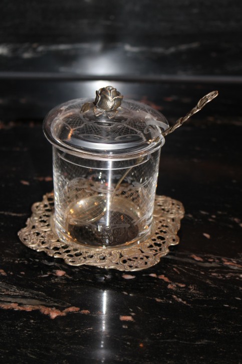 Antike Marmeladen Dose mit Teller 835er Silber & Kristall Glas ca. 12 x 9cm