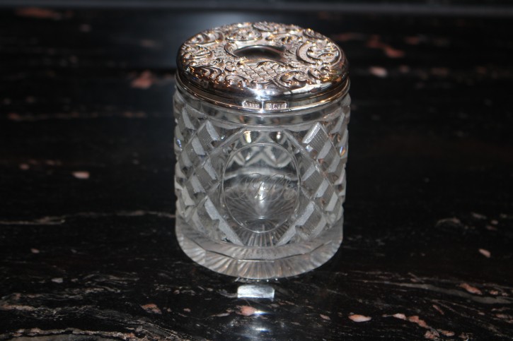 Antike Tee Dose Birmingham 925er Sterling Silber & Kristall Glas ca. 9 x 6,5cm