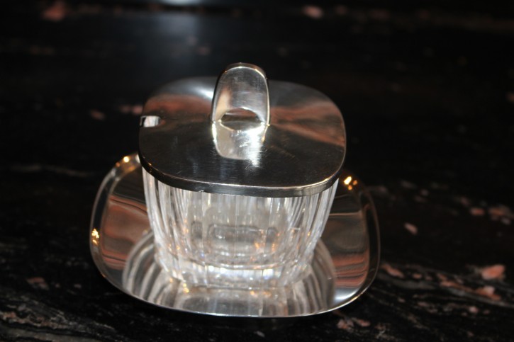 Marmelade Dose mit Tablett Bauhaus Stil 925er Silber & Kristall Glas ca.300g