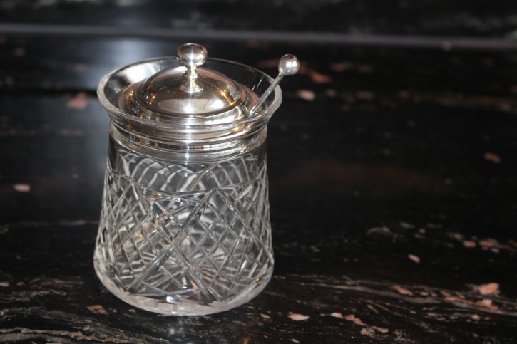 Antike Marmeladen Dose mit Löffel Birmingham aus 925er Sterling Silber & Glas