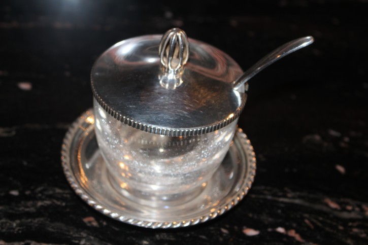 Marmeladen Dose mit Unterteller & Löffel 835er Silber & Glas ca. 360g Geb.Deyhle