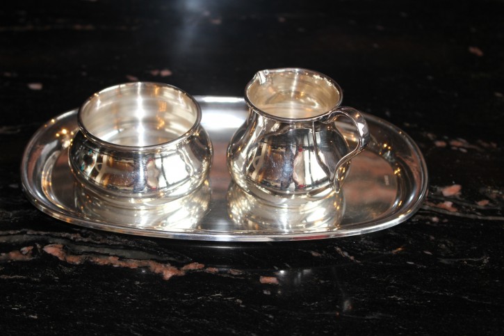 Mokka Set von Brahmer Tablett Sahnegießer & Zuckerdose aus 800er Silber ca. 214g