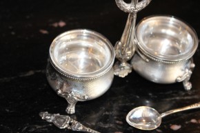 Antike Menage / Saliere 800er Silber & Glas mit Löffeln ca. 12 x 14 x 5cm & 130g